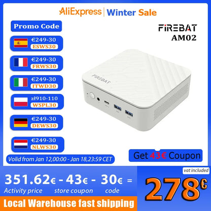 FIREBAT MINI PC AM02 AMD Ryzen 5 7430U Windows 11 PC 16GB DDR4 3200MHz 512GB SSD Wifi 6 BT5.2 HDMI 2.1 2.5Gbps Desktop Computer