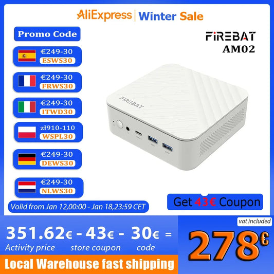 FIREBAT MINI PC AM02 AMD Ryzen 5 7430U Windows 11 PC 16GB DDR4 3200MHz 512GB SSD Wifi 6 BT5.2 HDMI 2.1 2.5Gbps Desktop Computer