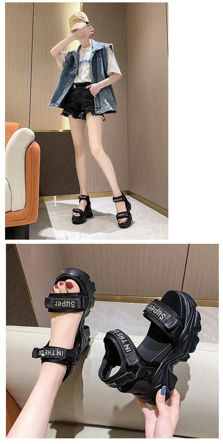New Summer Black Women High Platform Sandals 11CM Wedge Heels Bling Slippers Peep Toe High Heels White Leather Chunky Flip-Flops