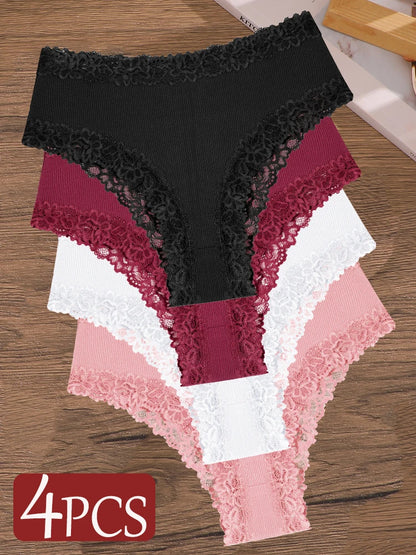 4Pcs/Set Seamless Cotton Brazilian Pants For Women Elastic High Waist Breathable Underpants Ladies Lace Panties Sexy Lingerie