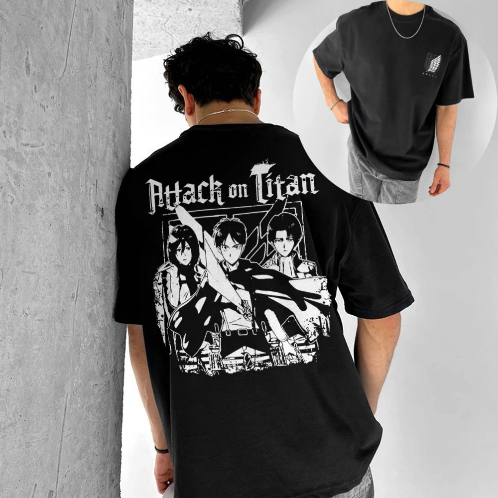 Men's T Shirt Men's Sports T Shirt Men's Short Sleeve T Shirt Attack on Titan Three Warriors with Weapons Dark Background Back