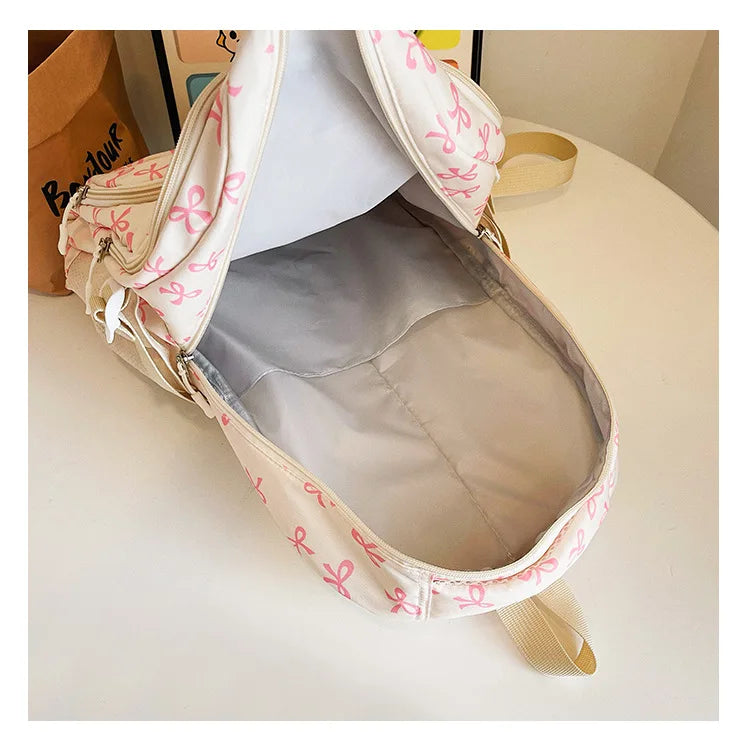 3 Pcs/Set Cute girl Large Capacity Backpack Bow Print Nylon Schoolbag Adjustable Strap Women daily Campus Backpack