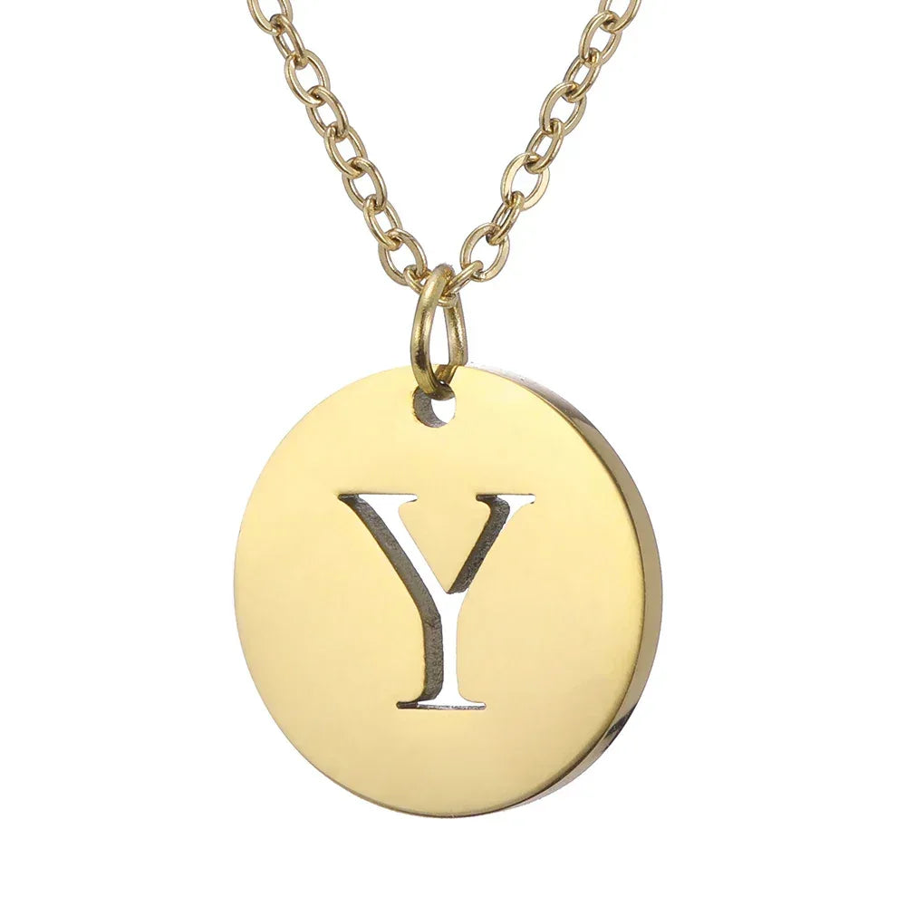 New Trend Stainless Steel Gold Silver Color Initials Necklace Hollow Round 26 Letter Pendant Necklace Jewelry Christmas Gift