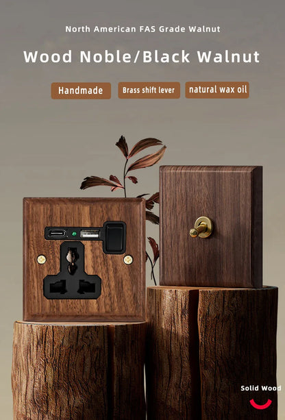 Black walnut retro European retro wall lamp switch socket, solid wood brass toggle switch board 1-4Gang 2Way antique home switch