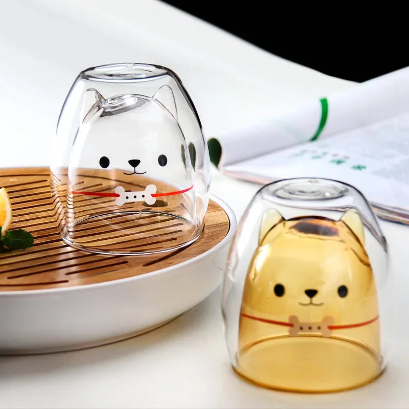 280ML Double Glass Cup Coffee Mug Bear Cat Dog Animal Transparent Cute Milk Juice Tea Drinking Cups Birthday Party Wine Glasses