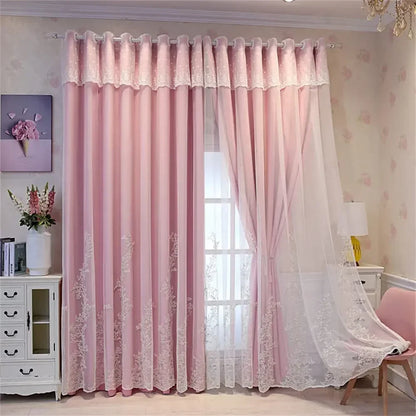 Luxury Beige Double Layer Embroidery Blackout Curtain for Bedroom Living Room European Delicate Sheer Plus Darkening Cloth Drape