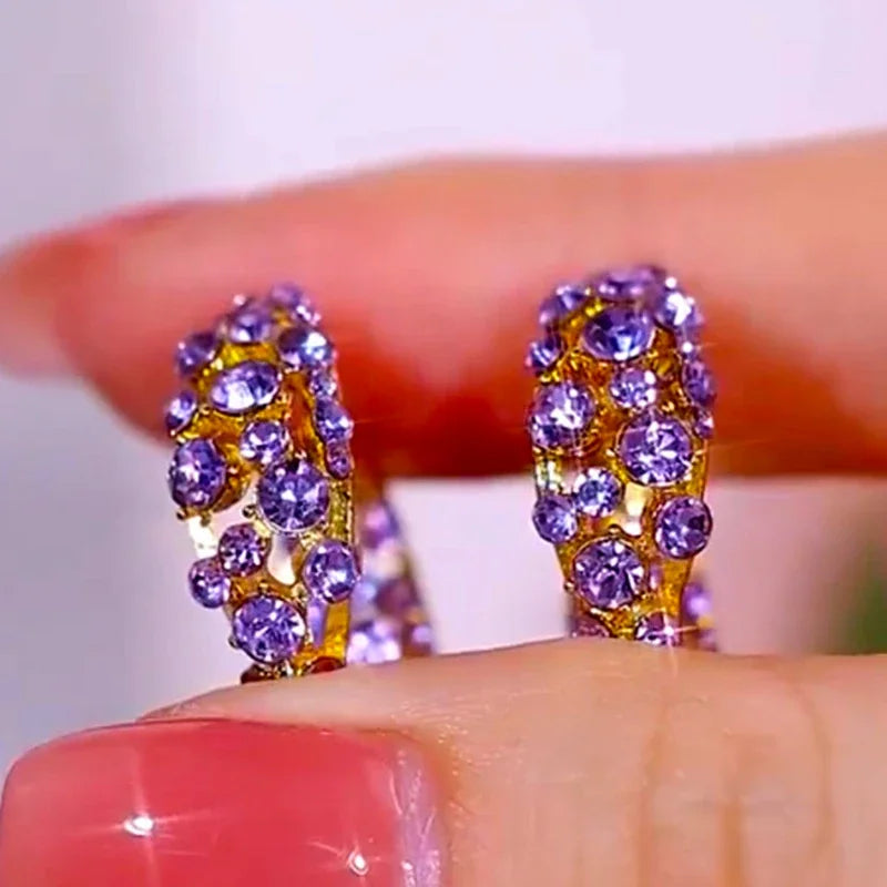 2024 Retro Purple Zircon Hollow Hoop Earrings for Women New Fashion Trend Exquisite Elegant Ladies Wedding Premium Party Jewelry