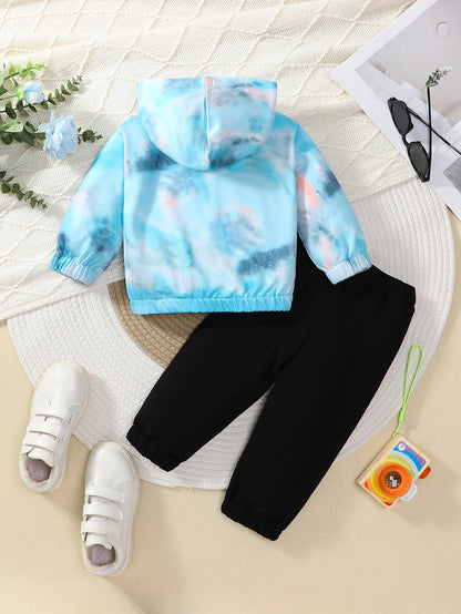2-piece set of fashionable casual letter printed tie dye hooded long sleeved top and pants for baby boys, autumn and winter