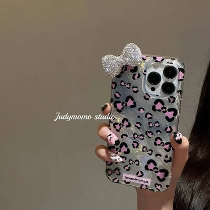 Sexy Leopard Diamond Bowknot Lustre Lining Phone Case for OPPO A18 A17 A16 A15 A38 A58 A78 A94 A74 A54 A57 A77 A53 A3X A40 A60