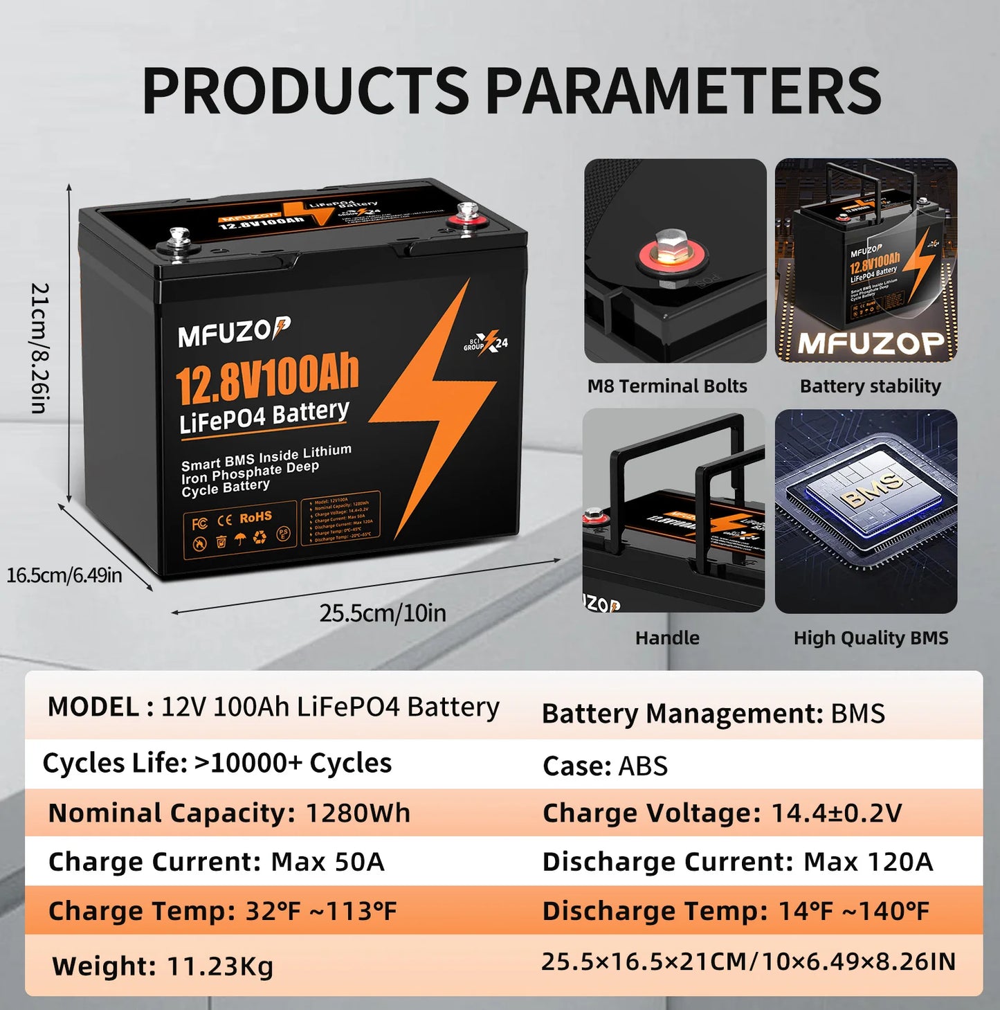 MFUZOP  12V 100Ah 200Ah 300Ah  LiFePO4 Battery Intelligent BMS System 1280Wh 2560Wh 3840Wh Deep Cycle for Solar Storage System