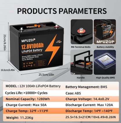 MFUZOP  12V 100Ah 200Ah 300Ah  LiFePO4 Battery Intelligent BMS System 1280Wh 2560Wh 3840Wh Deep Cycle for Solar Storage System