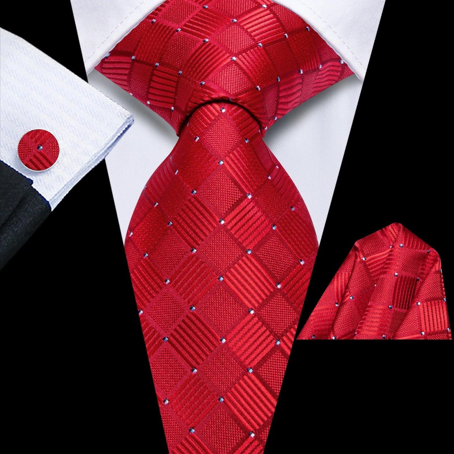 Hi-Tie  Black Red Heart Plaids Mens Fashion Necktie Handkerchief Cufflinks for Tuxedo Classic Tie Man Gift Valentine's Day