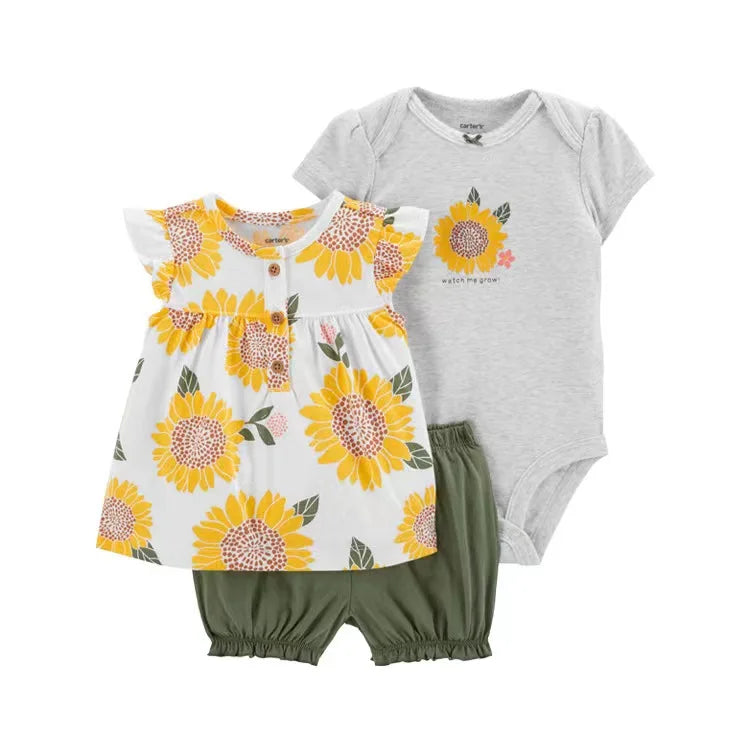 Newborn Baby Girl Clothes Set Summer Fashion Flower Cotton Infant Outfits Short Sleeved Bodysuit Shorts 3Pcs Toddler Clothing