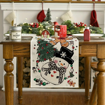Christmas Snowman Table Runner Polyester With Festive Snowman Gingerbread Man Christmas Tree And Ornament Patterns Table Decor