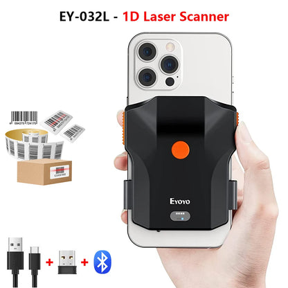 Eyoyo EY-032 Bluetooth Barcode Scanner Back Clip 1D 2D Bar Code Reader with Image Scanning For UPC Library Warehouse Inventory