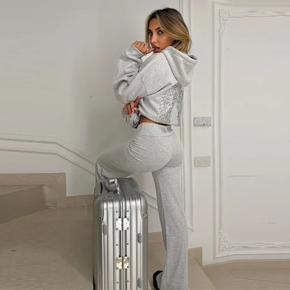 Casual Sequined Angel Wings Oversized Hoodie Women Loose Grey Long Sleeve Street Warm Pullover 2025 Winter Lady Daily Wear New