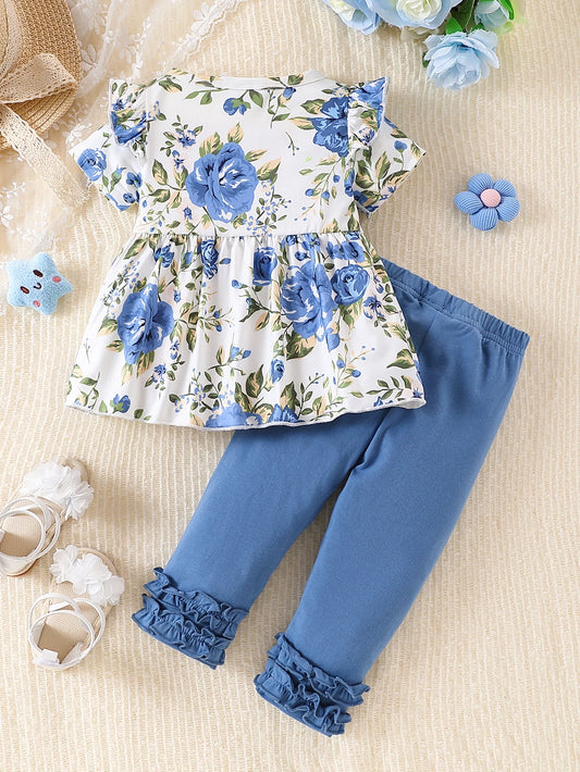 Top Rated Trending Baby Girl (0-4Y) Floral Print Ruffle Top & Lace Trim Pants 2pc Set: Soft Breathable Cotton, Skin-Friendly by PDG ibma