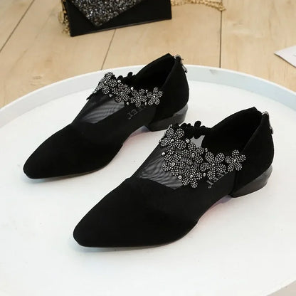 Women 2025 Summer Fashion Black Lace Rhinestone Sandals Flowers Low Heel Sandals Mesh Plus Size Sandalias Mujer Casual Shoes