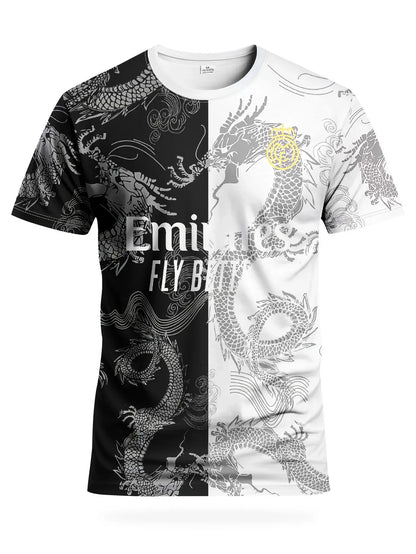 Men's Dragon-Pattern Sports T-Shirt Black And White Split Design Is Comfortable And Breathable Suitable For Training And Leisure