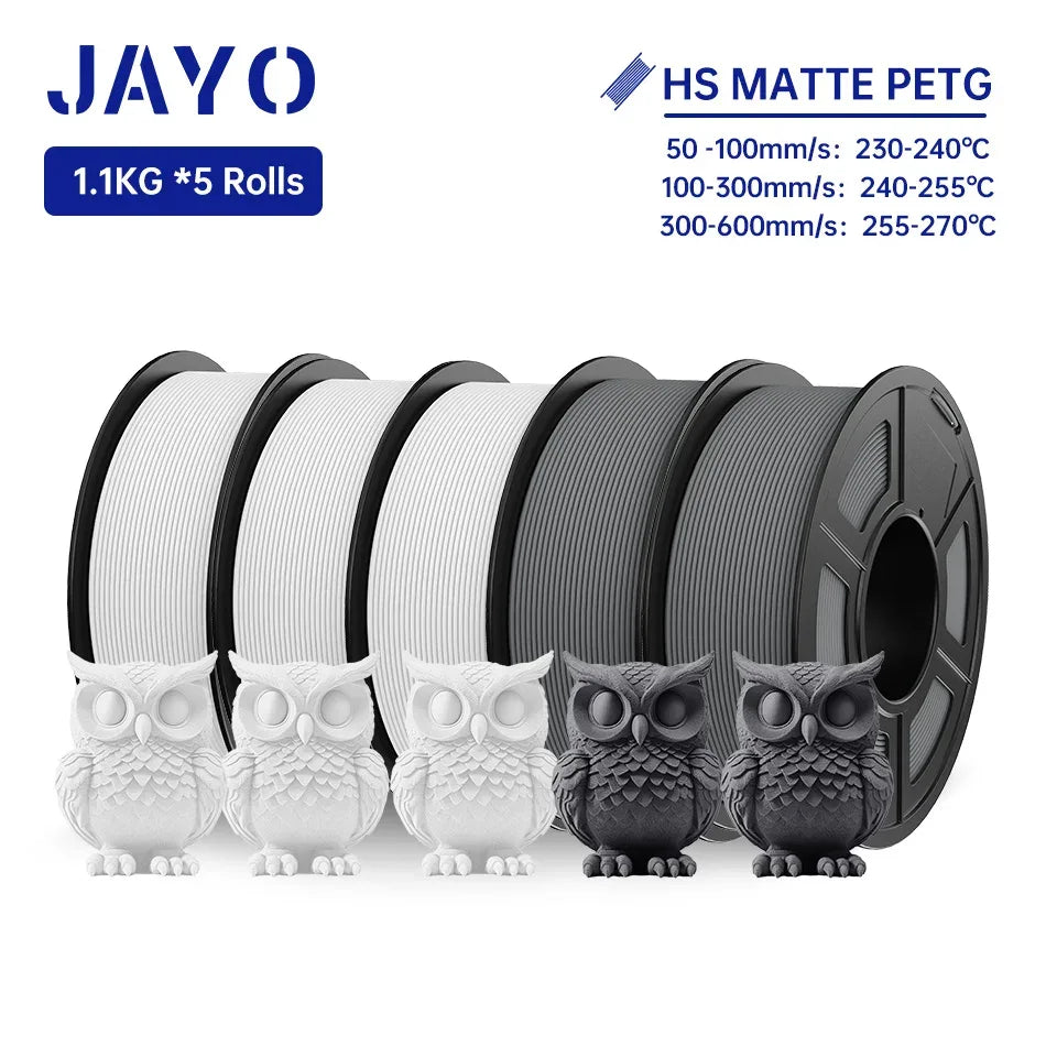 JAYO PETG 3D Filament 1.75MM High Speed PETG 3D Printer Filament 5Rolls High Flow Speedy Matte Effect 3D Printing Mateials