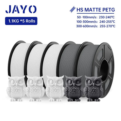 JAYO PETG 3D Filament 1.75MM High Speed PETG 3D Printer Filament 5Rolls High Flow Speedy Matte Effect 3D Printing Mateials