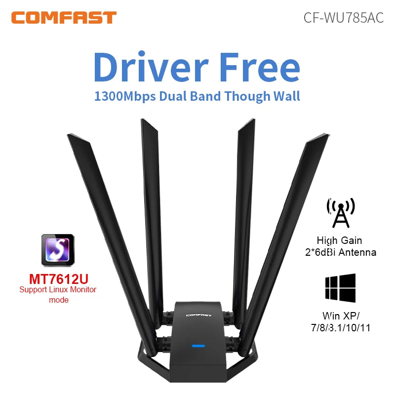 COMFAST 1300M Adaptador Wi Fi Banda Dupla Sem Fio 2.4G/ 5GHz 4 Antenna USB3.0 Wireless USB Placa Wifi Pra PC  Kali Linux Adapter