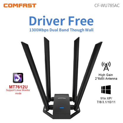 COMFAST 1300M Adaptador Wi Fi Banda Dupla Sem Fio 2.4G/ 5GHz 4 Antenna USB3.0 Wireless USB Placa Wifi Pra PC  Kali Linux Adapter