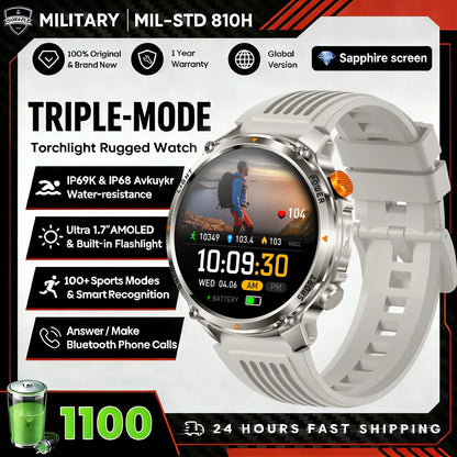 2026 Edition Military Outdoor Sports Smartwatch 1.7-inch AMOLED screen 1100 mAh battery LED flashlight Bluetooth call Waterproof