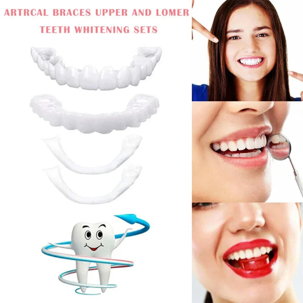 2 Pairs Smile Whitening Teeth Snap On Silicone Cosmetic Denture Upper and Lower Fake Tooth Cover Perfect Fit Teeth Beauty Tool