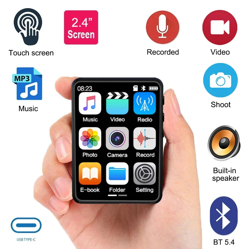 MP3 Player Bluetooth 5.4 Built-in Speaker Hi-Fi Music Player 2.4 Inch Touch Screen MP3 Walkman Video FM Radio Recording Camera