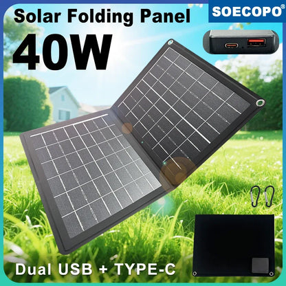 Practical Solar Panel Foldable Power Bank SOECOPO 40W Portable Charge Phone Outdoor Activities  USB + Type - C 5V/2.4A Camping