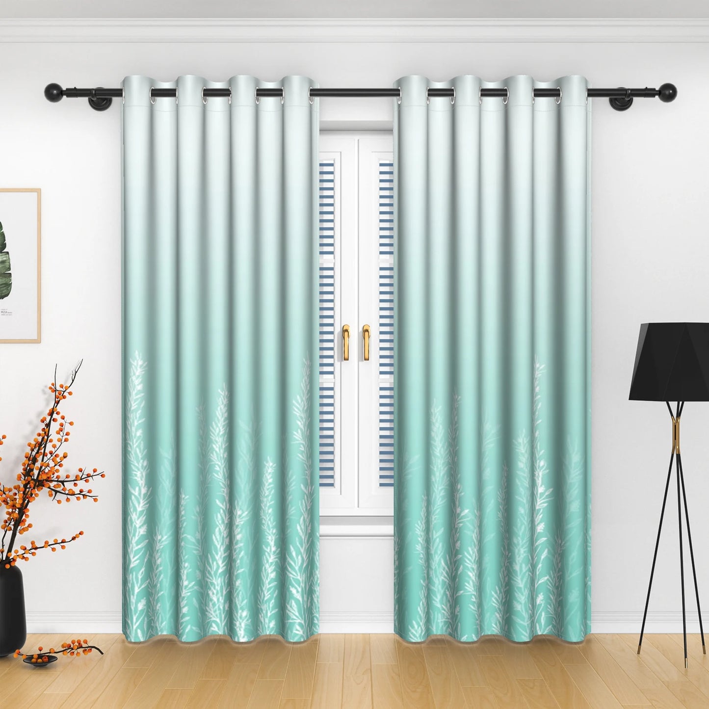 2pcs/set Solid Color Gradient Window curtains Bottom Leaf Print Thermal Insulated Polyester Bedroom Living Room Blackout Curtain