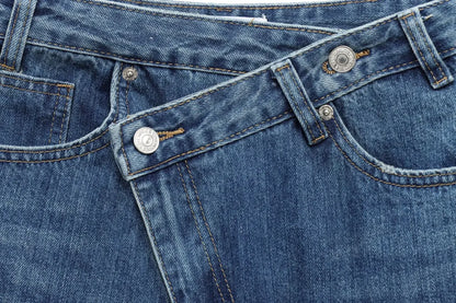 HH Women Trendy Cross Waist Wide Leg Jeans Asymmetrical Button Fly High Waist Baggy Denim Pants For Streetwear Y2K Outfits