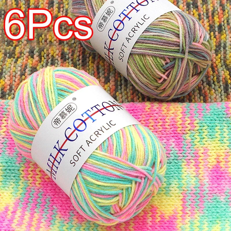 6Pcs Dyed Milk Sweet Soft Cotton Crochet Wool Yarn Thick Yarn Fiber Hand Knitting Wool Crochet Yarn Threads for DIY Sweater