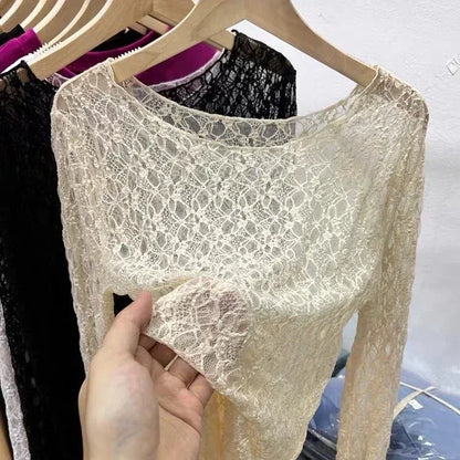 2025 Sexy and slightly transparent black lace shirt women long sleeved Spring and Autumn New slim fit inner layer with mesh