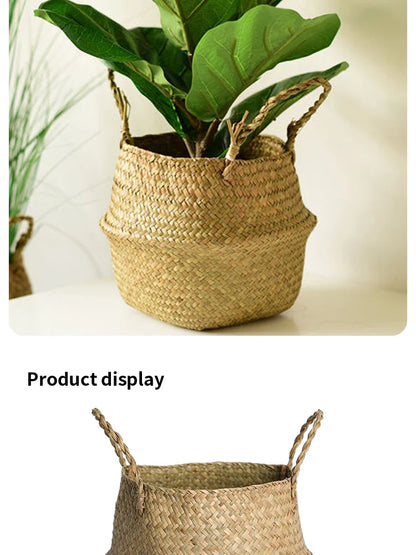 Nordic flower basket, portable woven basket, flower pot, straw woven, bamboo woven, plant woven, floor-standing folding straw wo