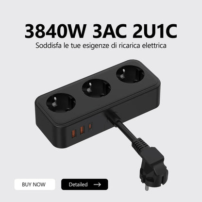 3840W EU Plug Power Strip with 2USB-A and Type-C Fast Charging Outlets Adapter Electrical Socket 250V 16A with Expansion Cable