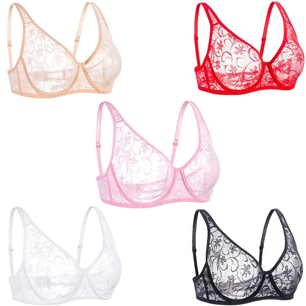 Bras For Women Plus Size Lace Mesh BH Tops Underwire Embroidery See Through Sexy Underwear Lingerie Brassiere A B C D DD Cup