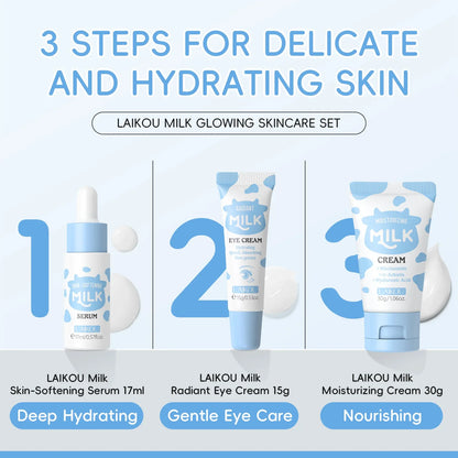 LAIKOU Milk Skincare Travel Set 3pcs Niacinamide Hyaluronic Acid Face Serum Eye Cream Face Cream Moisturizing Glowing Skin Care