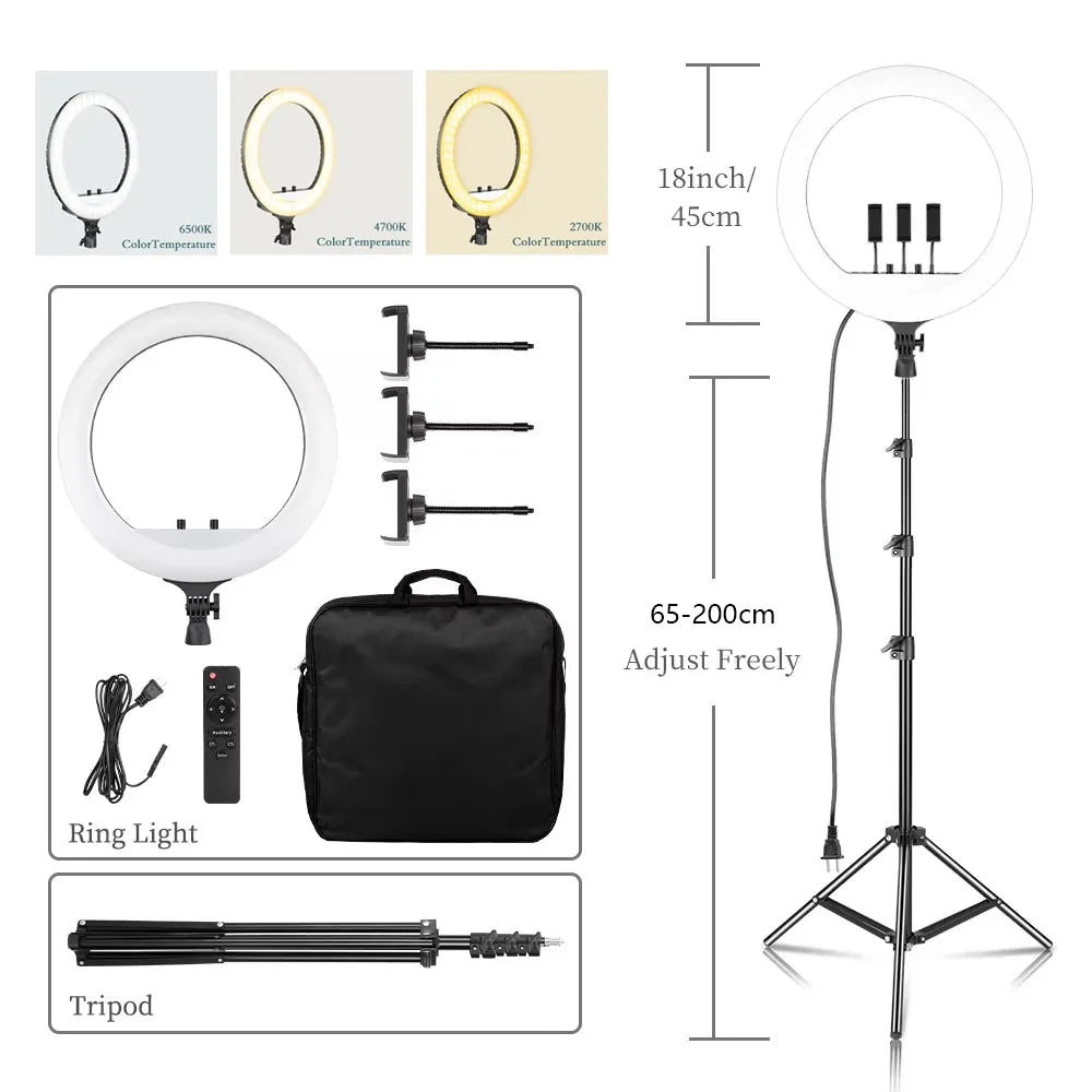 SH Ring Light 18inch Kit 36W 6500K Professional LED Control Stand Phone Holder Tube  Bag for Tattoo Lash Extension Barber Light