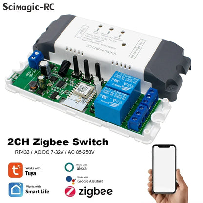 Two Relay Zigbee Tuya Switch 12V 24V 220V 230V 2CH Receier Module Dry Contact NO NC COM Inching Timer Rele for Light Motor Alexa