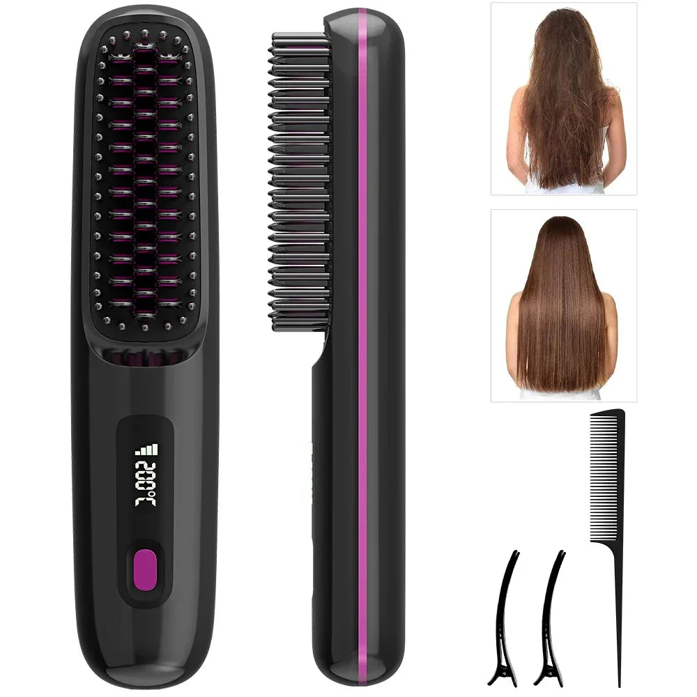 Rechargeable Hair Straightener Brush with 20s Fast Heating and 3 Temp Settings, Straightening Comb with Negative Ions for Women