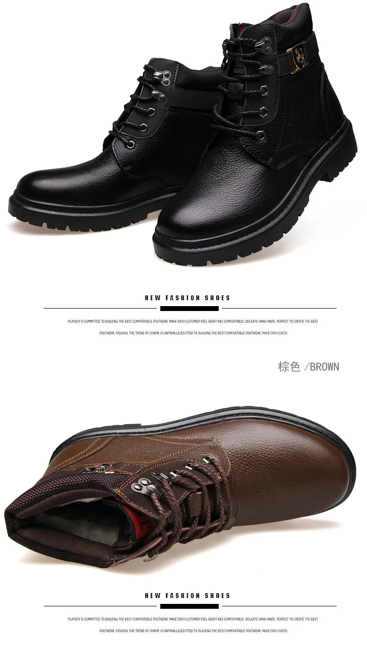 2025 Man's Genuine Leather Boots Winter Snow Shoes Wool Inner Anti Slip Father Ankle Boots Waterproof Man Snow Boots