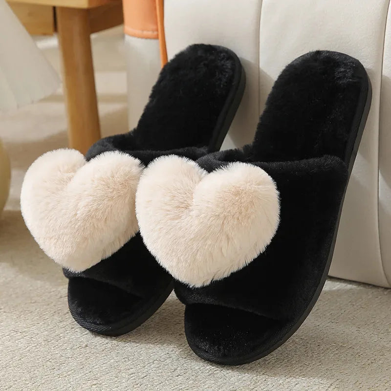 Women Indoor Warm Home Slippers Bedroom Cute Heart Pattern Non-slip Soft Comfort Plush House Slippers Shoes Autumn Winter