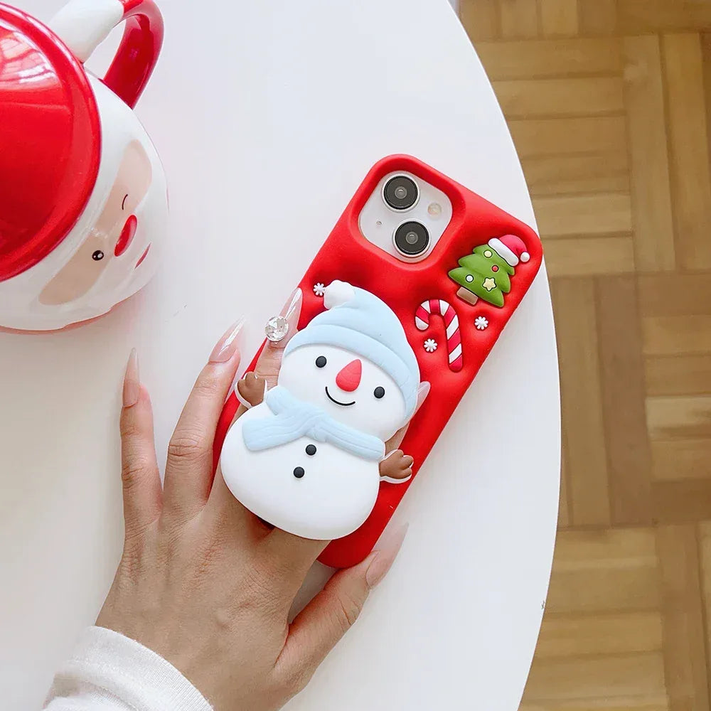 Cute 3D Cartoon Christmas Snow Man Telescopic Bracket Case For iPhone 16 15 14 13 12 Pro Max Soft Silicone Stand Holder Cover