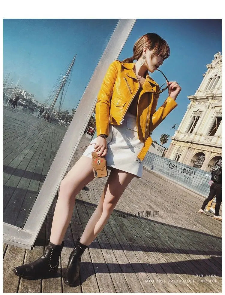 Spring Autumn Faux Leather Yellow Bomber Jacket Locomotive Belted PU Coat Zipper Cardigan Turn Down Collar Streetwear Crop Tops