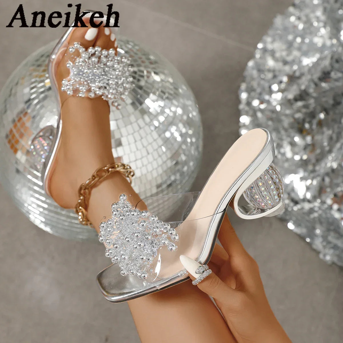 Aneikeh 2026 New Women's Water Diamond Flower Sandals with Transparent Thick Bottom Party Dress PVC Slippers Mules High Heels