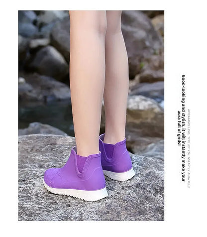 Fashionable Winter Short Ankle Women's Rain Boots Waterproof Slip Resistant Car Wash Shoes Adult Fleece Lined PVC Ladies Footwea