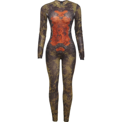 Weird Puss Tie-Dye Print Jumpsuit Women Fitness Stretch Tight Sexy o-Neck Full Sleeve Skinny Streetwear Autumn Zip Slim Overalls