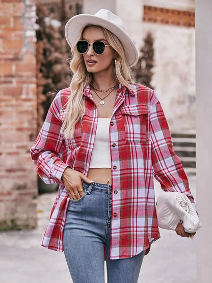 Autumn Plaid Shirt Women Long Sleeve Turn-down Collar Oversize Shirts Female Stylish Vintage Casual Blouse Ladies Chemise